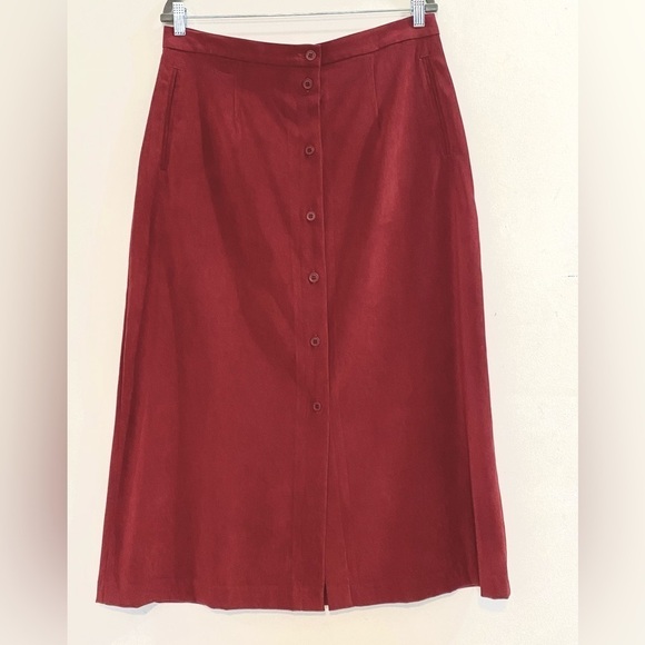 NWT Vintage Lindor Plus Sz 16P Suede Button Front Pockets Burgundy Midi Skirt - Picture 2 of 11